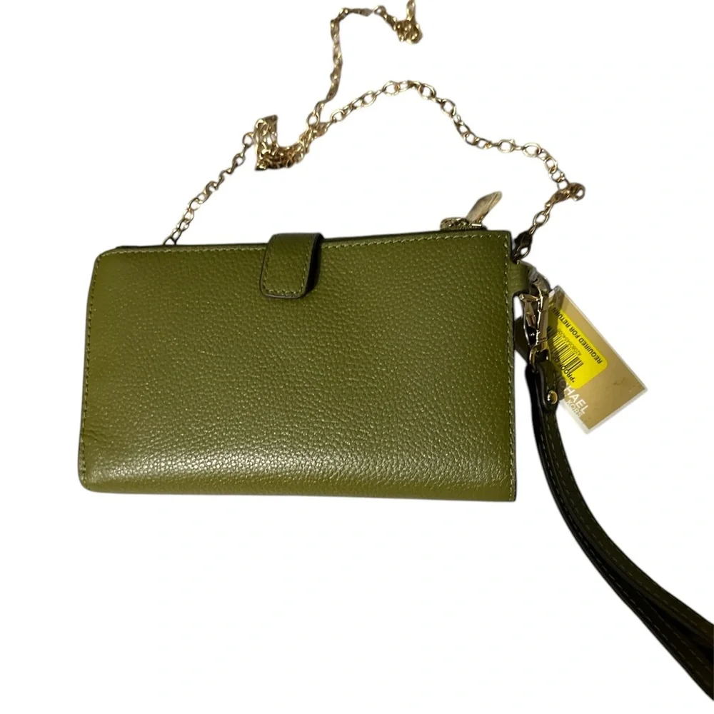 NWT Michael Kors Olive Green Wristlet holds phone two zip gold chain cute - Picture 2 of 13